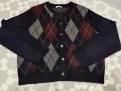 GU パフニットアーガイルクルーネックカーディガン　ネイビー　XL
