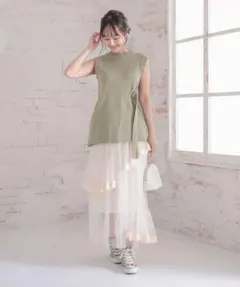 神戸レタス　チュールレース切替ティアードロングスカート　アイボリー