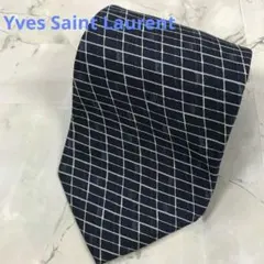 イヴサンローラン　ネクタイ　紺　白　格子柄　シルク　爽やか　高級【n959】
