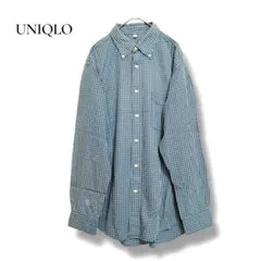 ユニクロ チェックシャツ 綿100Ｌブルー ボタンダウン 総柄 羽織り シミあり