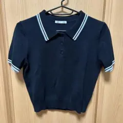 GUネイビー 半袖ポロシャツ ストライプ襟