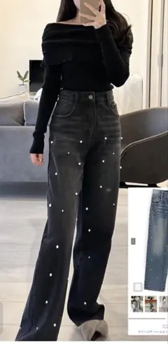 GRL グレイル フリージア パールストレートデニムパンツ cu475 M