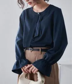 ネイビー フリル袖 シャツ Lサイズ　卒業式卒園式