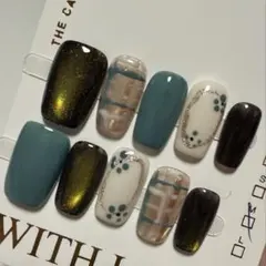 ネイルチップ 海外製 ハンドメイド M 緑 グリーン ニュアンス チェック