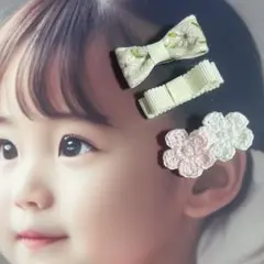 刺繍リボンと花のヘアクリップ3個セット かぎ編み ベビーキッズ ハンドメイド