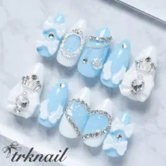 066オーダーネイルチップ　量産型　メンカラ　推し　水色　キラキラ　ゴテゴテ