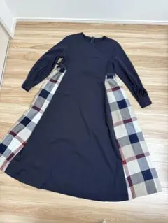 ネイビー チェック柄 ロングワンピース