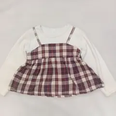 【女の子100】ロンT　チェック柄レイヤード長袖カットソー