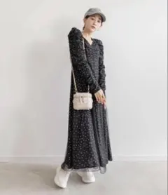 RANDA チュールレイヤードワンピース　ネイビー　ドット柄