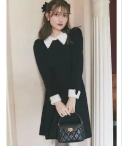 【期間限定お値下げ】襟付き配色シャギー切り替えハート飾り釦リブニットワンピース