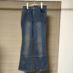 [11]ビジュー装飾 ブーツカットデニム インディゴブルー