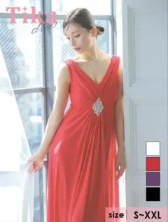 Tika ノースリーブギャザーVネック パールシフォンAラインロングドレス