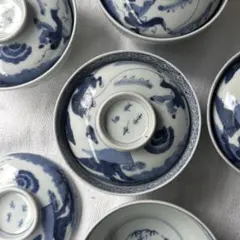 古伊万里　染付蓋茶碗　希少な唐子に牛引きの図　5客（骨董古美術アンティークのサムネイル