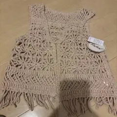 ベージュ フリンジ付き ニットベスト M