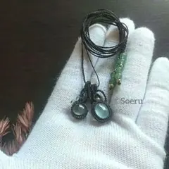 アクアマリン&グリーンストロベリークォーツのマクラメ編みネックレス　天然石