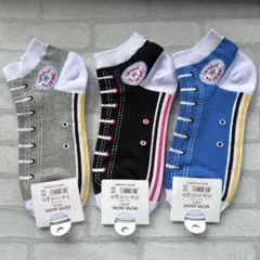 新品　レディース　靴下　スニーカーソックス風デザイン 3足セット グレー 黒 青