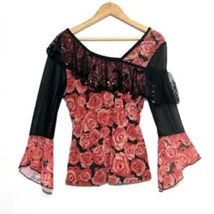 社交ダンス トップス バラ柄　スパンコール レース フリル レッスンウェア　赤黒