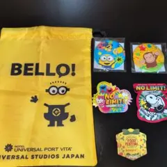 USJ ユニバーサル・スタジオ・ジャパン巾着袋と缶バッジ・ステッカーセット