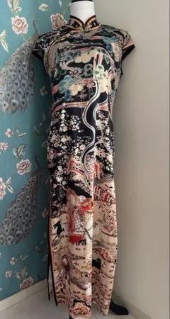 逸品！！本場中国製✴︎レア˚✧₊⁎和柄 日本画風 チャイナドレス✴︎ブラック✴︎