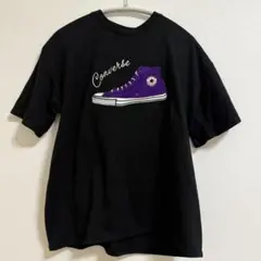 CONVERSE 紫スニーカー刺繍 半袖Tシャツ ブラック Lサイズ