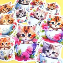 子猫カップフラワー 光沢シール ハンドメイド コラージュ素材