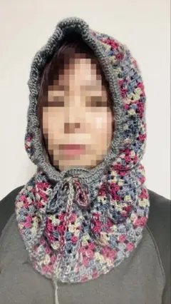ハンドメイド 手編み ニット帽子 ⑦ バラクラバ グラニースクエア ビッグフード