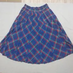 チェック フレアスカート ブルー ウエストゴム Aライン 古着 ヴィンテージ