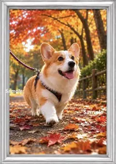 秋のお散歩 コーギー犬｜紅葉の小径 癒しの犬アート