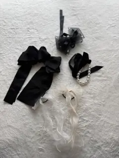 ５点　リボン　ヘアゴム　クリップ　パール　ホワイト　ブラック　髪留め　レース
