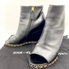 CHANEL シャネル ココマーク チェーン ウェッジブーツ 35C ブラック