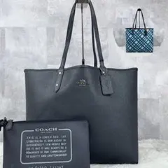 A4可 美品 コーチ レザー トートバッグ リバーシブル チェック柄 ネイビー