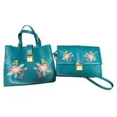 「刺繍フラワー バッグ2点セット グリーン 未使用 保護テープ付き」