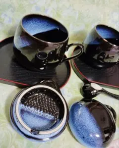陶器製カップ2セット 黒と青のグラデ　スプーン蓋付用途いろいろフリーカップ中古品