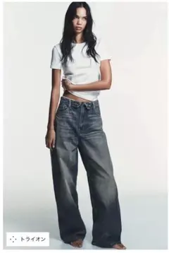 ZARA TRF ミッドライズ折り返しウエストデニムパンツ36