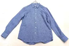 ユニクロ　プレミアムリネン100%長袖シャツ　青チェック柄　胸ポケット付き　M