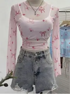 ⭐︎新品✨リボン フラワー　シアートップス バックオープン ピンク
