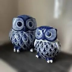 フクロウ型陶器置物 ⭐️ 青白　大小2体セット❤