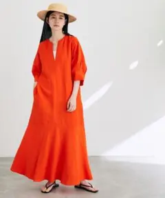 美品★ADAM ET ROPE’ リネンボリュームスリーブワンピース オレンジ