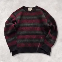 レトロ 総柄 3Dニット風 マルチカラー ウール100% セーター L