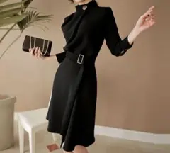 No1 スリット入り フォーマルワンピース 長袖 膝丈 シック 黒 ブラック