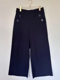 ネイビー Bigボタン付き ワイドパンツ リネン ガウチョパンツ ゆったり L