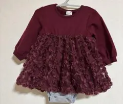 プティマイン　花柄　ロンパース　ワインレッド