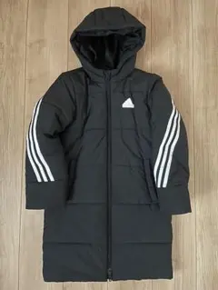 adidas フード付き黒ロングベンチコート