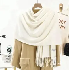 【白】新品　カシミヤ　ストール　マフラー　大判フリンジ　柔らか　プレゼント