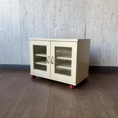 【アンティーク】木製 ガラス扉 キャスター付き キャビネット 収納棚 古家具