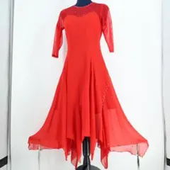 【社交ダンス衣装】レッド ワンピース ドレス 赤 無地 レース 軽い 発表会