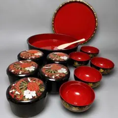【値下げ】山中漆器 合成漆器 お椀5客 蓋付鉢5客 大鉢 寿司桶セット お正月のサムネイル