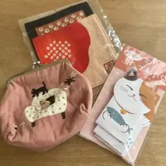 猫刺繍がま口コインケース　財布、ポチ袋、コースターセット