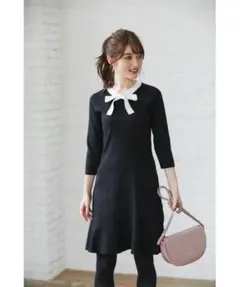 ボウタイバイカラーニットワンピース