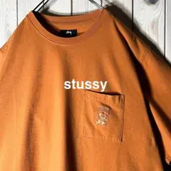 【良品 L】ステューシー 刺繍 ライオン ポケット Tシャツ オレンジ.